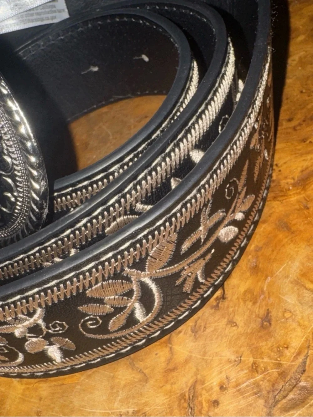 Embroidered ladies Black Leather Belt with Ornate Silver Buckle